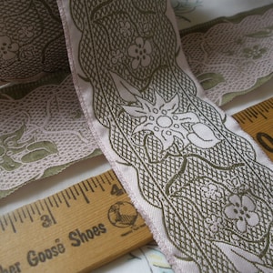 French Embroidered Floral Jacquard Ribbon 51mm 2&quot; Pale pink light olive woven edge trim by the yard BTY embellish costume home decor
