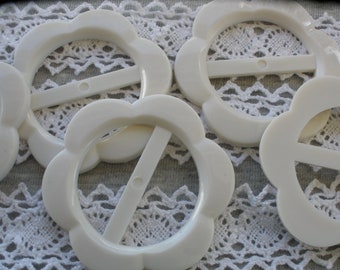 3 White Round Flower Buckle Scarf Slide 2" plastic 1.25" opening ribbon slider retro mid century embellish hat & hair crafts knit crochet