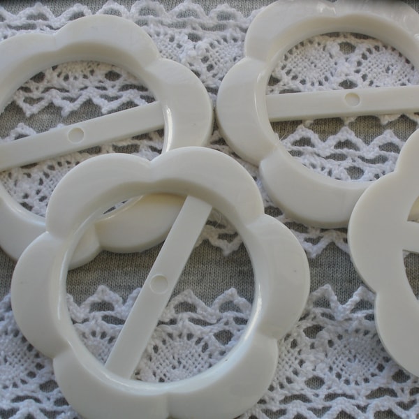 3 White Round Flower Buckle Scarf Slide 2" plastic 1.25" opening ribbon slider retro mid century embellish hat & hair crafts knit crochet