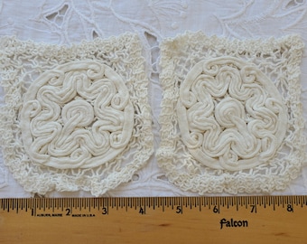 Pairs of pocket shaped tape lace knitted look cotton applique patches 4.5" x 5" ivory for slow stitch junk journal t-shirt bag jeans jacket