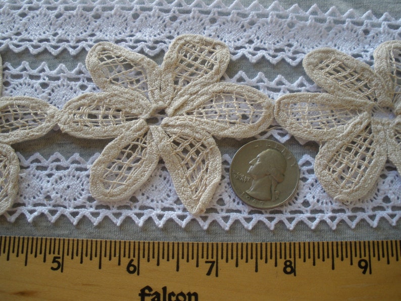 Beige cotton Linen color Flower Daisy chain tape Lace 2.75 wide by 3 applique retro 70mm insert edging embellishment wedding bridal boho image 7