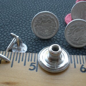 Punaise en métal de couleur argent mat, 17 mm, boutons motif feuille, jean sans couture, remplacement des rivets, bouton pression, veste en jean militaire de 11/16 po. image 6