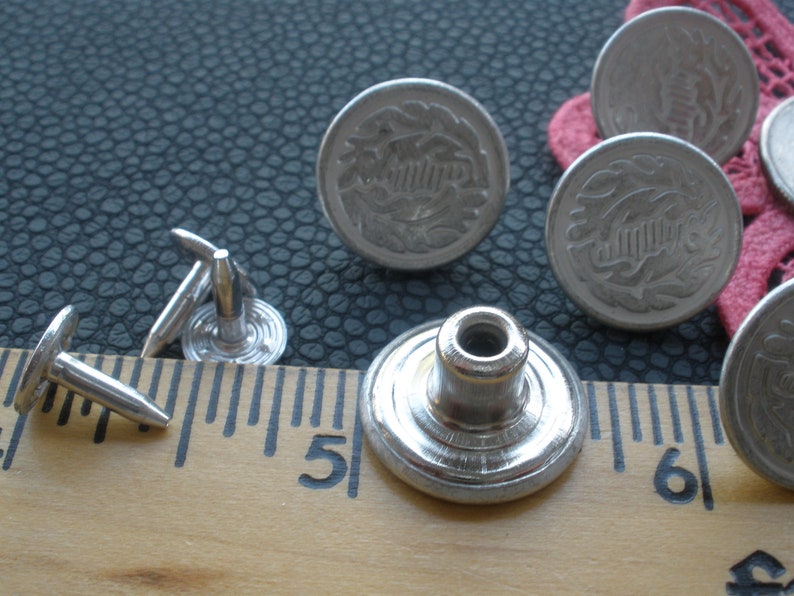 Punaise en métal de couleur argent mat, 17 mm, boutons motif feuille, jean sans couture, remplacement des rivets, bouton pression, veste en jean militaire de 11/16 po. image 6