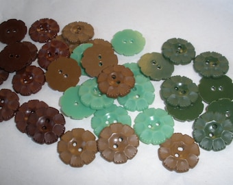 Colorful Vintage Molded Plastic Flower Buttons - 3/4" Choose Green Army Green Putty Brown Deep Reddish Brown 2 hole 1950s sew on crafts cool