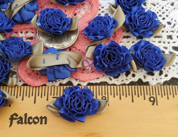 Royal Blue Ribbonwork Flowers Cabbage Ribbon Roses .75