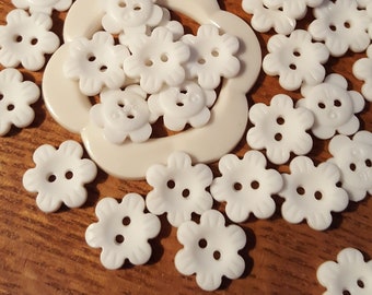 Bright Matte White Flower Buttons 48 Plastic 5/8" (15MM 24L) sewing crafts 2-hole jewelry clasp bulk paper tag supply 1.5mm holes bulk