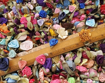 NEW Mix #4 Ribbonwork flowers Satin Ribbon Rosettes hand sewn appliques 100 pieces embellish doll clothes mixed media wedding cabbage roses