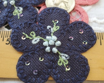 Embroidered & Sequin Navy Blue Flowers 60MM 1 dozen appliques 2 3/8" wide embellish headband sewing craft scrapbook Light blue green accents