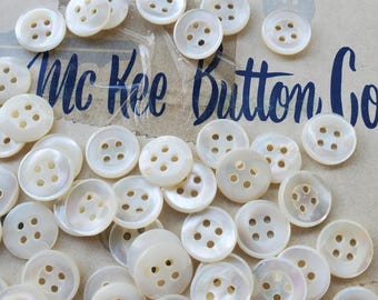 Vintage MOP Classic Shirt Buttons 20L Pearl white 1/2" 13MM 4-hole sew-on rim Made USA IOWA Mc Kee Button Co Pearly rounded back river shell