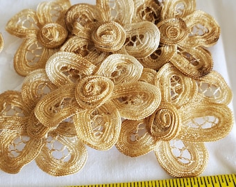 Coffee (plant) dyed Lace Ribbon Flowers 5 each Embellishment crazy patch junk journal flowers floral Venise embellish slow stitch rustic