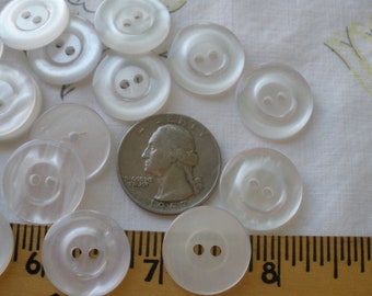 Cool Vintage Pearlized Plastic White Buttons 3/4" (30L 19MM) 24 each rounded wide rim face 2 hole sew on sewing crafts flat back 2mm holes