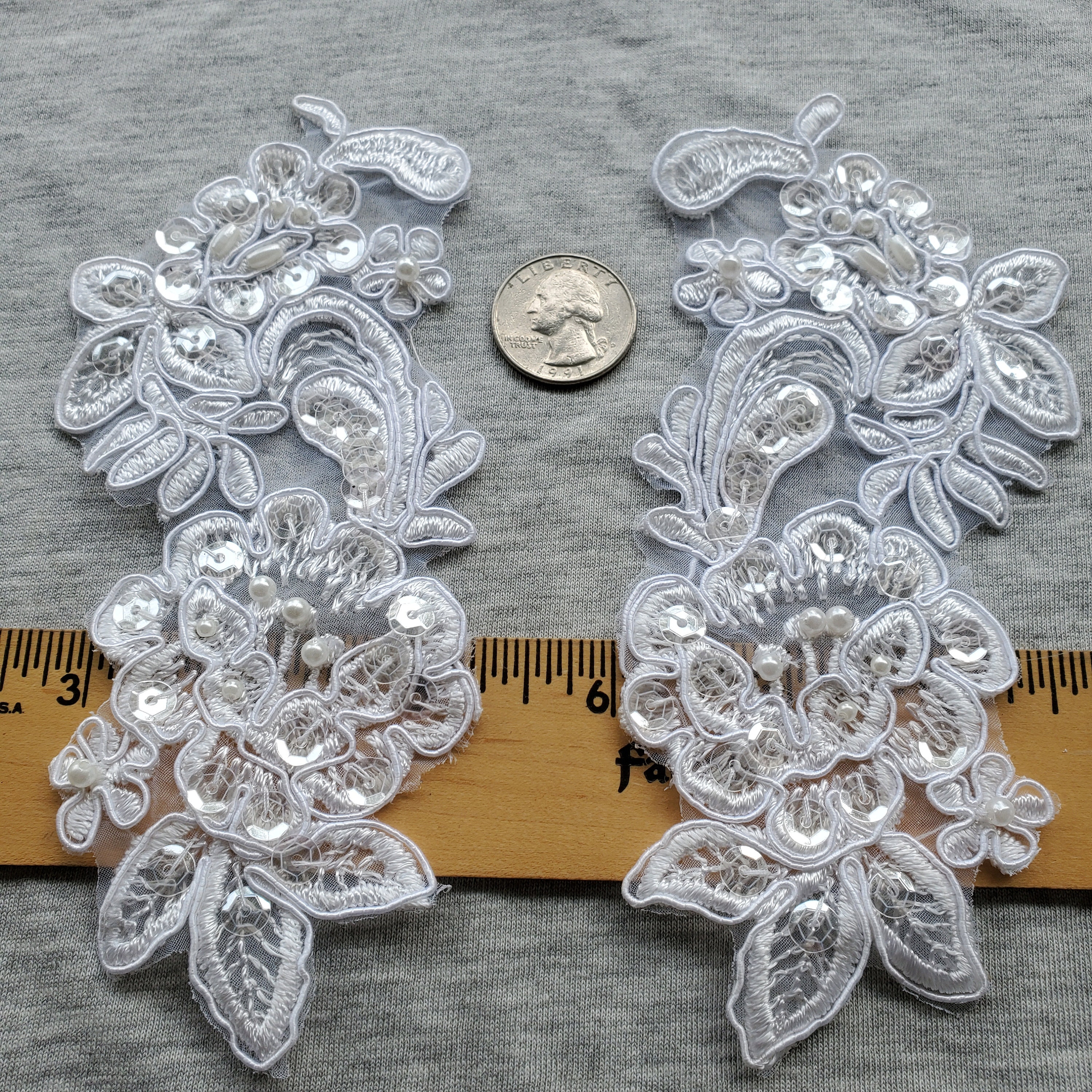 Pair White Embroidered Venise Guipure Lace Neckline Applique floral beaded clear sequins faux pearl beads bridal dress headband sash ballet