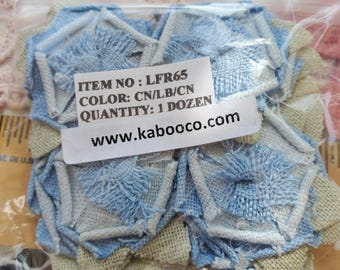 Vintage Copen & Light Blue Flowers 1 dozen layered linen appliques 1.25" to 1 3/8" embellish headband sewing craft scrapbook glued appliques