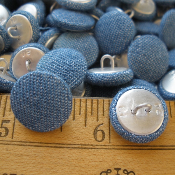 Denim Fabric Cover Buttons 12 each 5/8" blue cloth covered shank chambray buttons 24L 16mm craft sewing bulk pin shank doll eyes tag supply