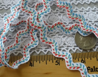 Embroidered Cotton Featherstitch Ric Rack Trim white Red Blue green Ric Rack 9/16" vintage tiny tulips floral trim Color 301