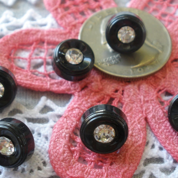 Little bullseye 9.5MM Clear Rhinestone Buttons black plastic shank faceted 3/8" cool vintage 16L doll eyes crafts clothes jewelry supply