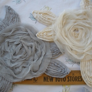 Shabby chiffon & cotton flower Applique Gray or Natural Embellishment Tulle Neckline Embellish t-shirt bridal bouquet upcycle Chic organza