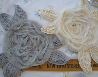 Shabby chiffon & cotton flower Applique Gray or Natural Embellishment Tulle Neckline Embellish t-shirt bridal bouquet upcycle Chic organza