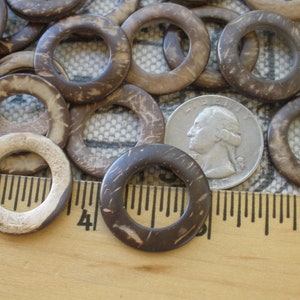 May include: A collection of brown coconut rings with varying shades and natural grain patterns. A US quarter is included for size reference. The rings are arranged on a wooden ruler.