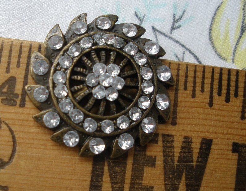 Filigree metal rhinestone shank buttons bronze sun star design 40L 1 20mm acrylic stones retro boho art deco 2 pieces