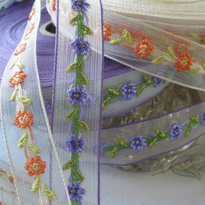 Embroidered Organza Ribbon peach or purple flowers 20MM 13/16" wide embellishment iridescent sari border inset edging