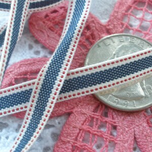 May include: Close-up of a decorative ribbon with a navy blue, white, and red striped pattern. The ribbon is lying on a pink lace doily and a silver coin. The ribbon is approximately 0.5 inches wide.