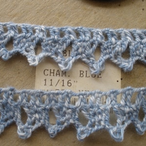 Crochet Chambray Blue Cotton Filet Lace Trim 11/16&quot; wide scallop edge edging yardage cluny lace 17mm yards Chevron