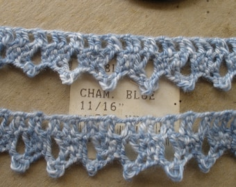 Crochet Chambray Blue Cotton Filet Lace Trim 11/16" wide scallop edge edging yardage cluny lace 17mm yards Chevron
