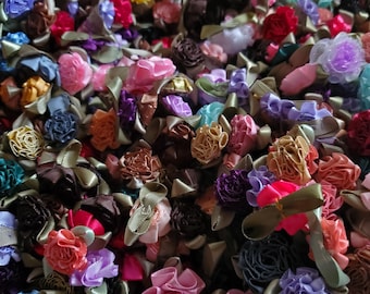 All Cabbage Roses MIX Ribbonwork flowers Satin Ribbon Rosettes hand sewn appliques 115 pieces embellish doll clothes mixed media crazy quilt