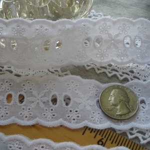 Broderie Anglaise White 1.25&quot; Eyelet Lace 1 1/4&quot; Ribbon Insert Trim Scallop Edges BTY cotton blend Embroidered for dresses costume