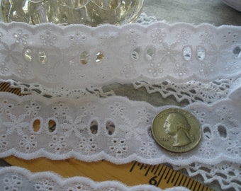 Broderie Anglaise White 1.25" Eyelet Lace 1 1/4" Ribbon Insert Trim Scallop Edges BTY cotton blend Embroidered for dresses costume