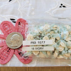 May include: A clear plastic bag filled with ivory and light blue ribbon roses. A pink lace flower and a quarter are next to the bag. The label on the bag reads "RB 1077" and "18 IVORY".