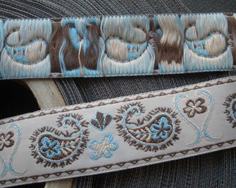 Paisley Pattern Jacquard Ribbon 1 inch 25MM wide yards sewing crafts costume BTY Brown off white andAqua Blue flowers
