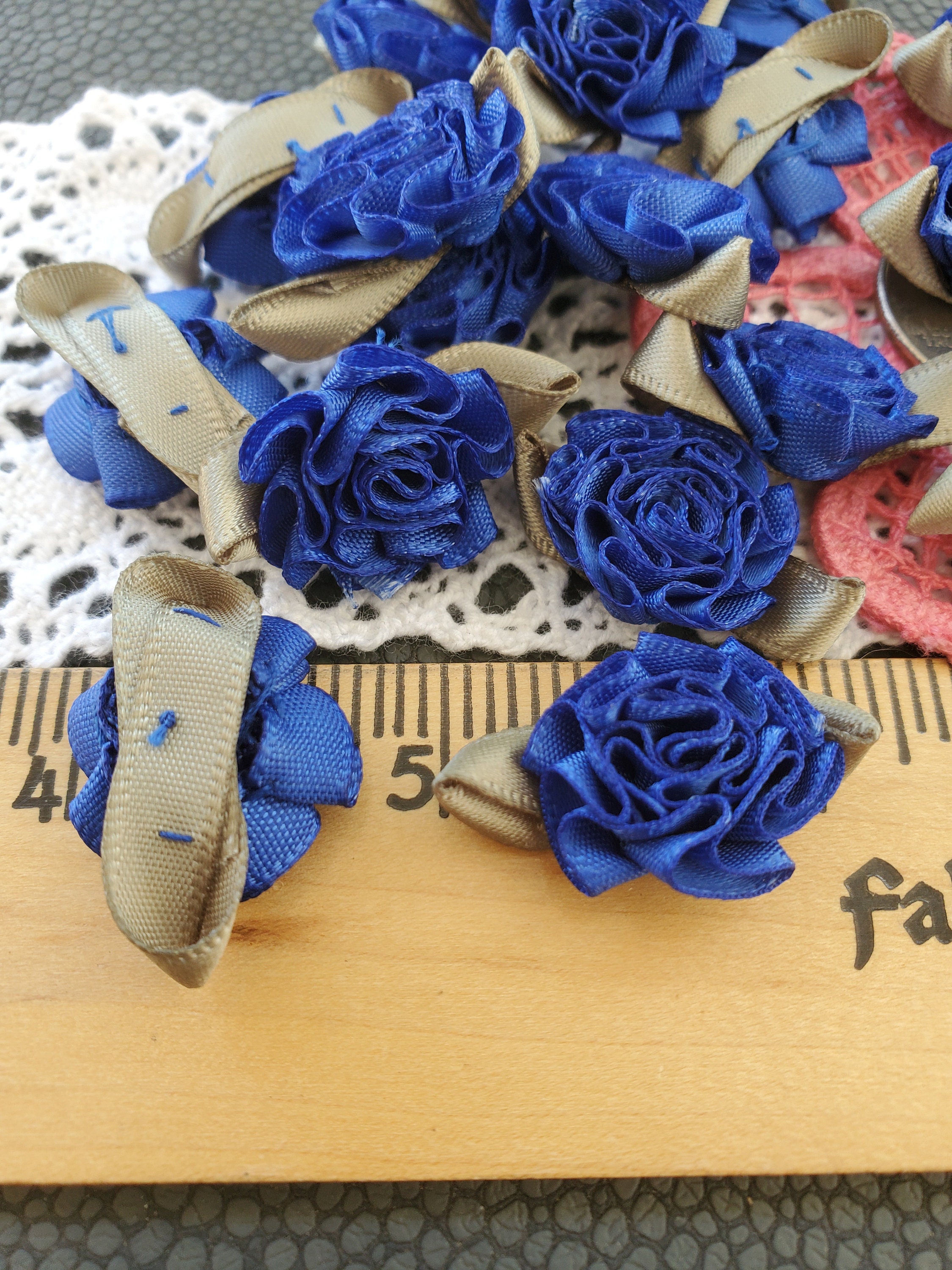 Royal Blue Ribbonwork Flowers Cabbage Ribbon Roses .75