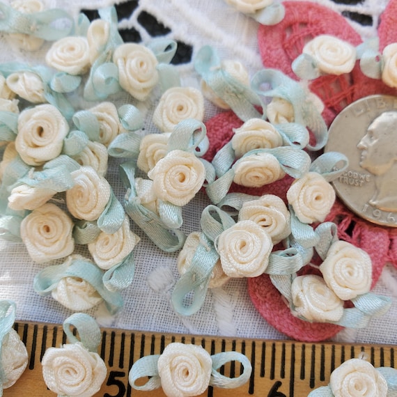 36 Tiny Ivory Satin ribbon rosettes hand sewn appliques ribbonwork flowers roses robin egg mint blue leaves embellish doll clothes crafts
