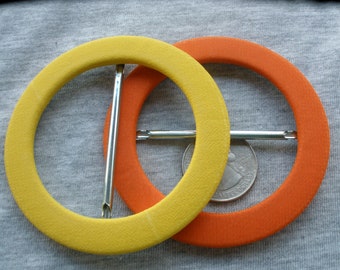 Sunshine Yellow or Spring Orange Fabric Covered buckle Scarf Slide 2" opening 2 3/4" round metal 2 buckles crafts ribbon t-shirt slider