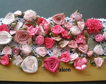 Ribbonwork flowers Mixed Pink Shades Satin Rosettes hand sewn appliques 50 pieces embellish doll clothes scrapbook wedding ribbon organza