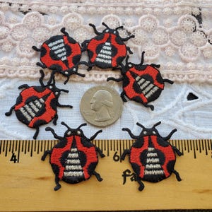 May include: Six red and black ladybug iron-on patches with white stripes. The patches are about the size of a US quarter.
