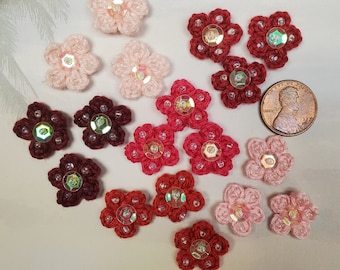 Beaded sequin crochet Flower Appliques Pink & Red shades 18 each embellish hair tie t-shirt scrapbooking 19MM 3/4"sweet slow stitch supply