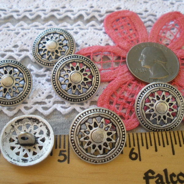 Pierced Metal Filigree Sun Buttons 13/16" shank (20.5MM 32L) Antique silver pewter color star wheel steampunk mod coat suit blazer vintage