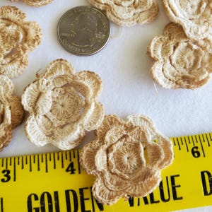 May include: Close-up of several crocheted flower appliques in shades of beige and tan. A US quarter coin is next to the flowers for size comparison. A yellow ruler is in the foreground, with the word "GOLDEN" visible.