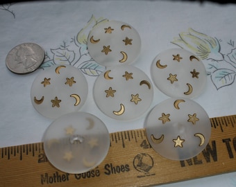 Gold Moon & Stars 1.25" shank Buttons Extra Large frosted clear or charcoal carved pattern plastic shank 6 each 50L 33MM costume crafts