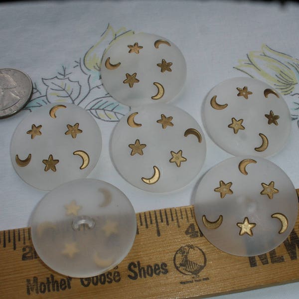 Gold Moon & Stars 1.25" shank Buttons Extra Large frosted clear or charcoal carved pattern plastic shank 6 each 50L 33MM costume crafts
