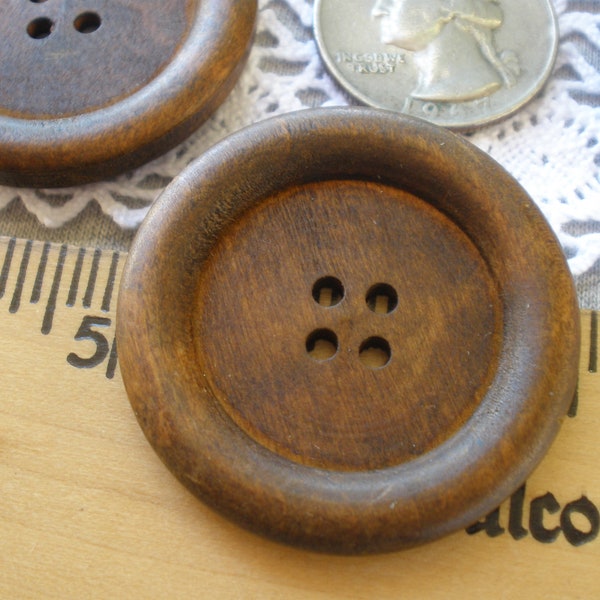 38MM Wood Coat Buttons Extra Large 1.5" 60L medium stain rounded rim 4 hole sew on rustic embellish knit crochet sewing 3MM holes