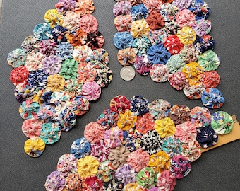 Vintage yo yo diamond small quilt block 36 yoyos per block 11.5" x 7" feedsack prints choose specific piece Flea Market find