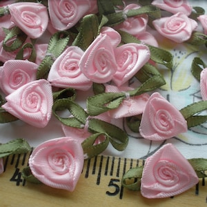 TIny Petal Pink Satin Ribbonwork flowers Rosettes hand sewn ribbon appliques 24 pieces embellish doll clothes scrapbook wedding hair