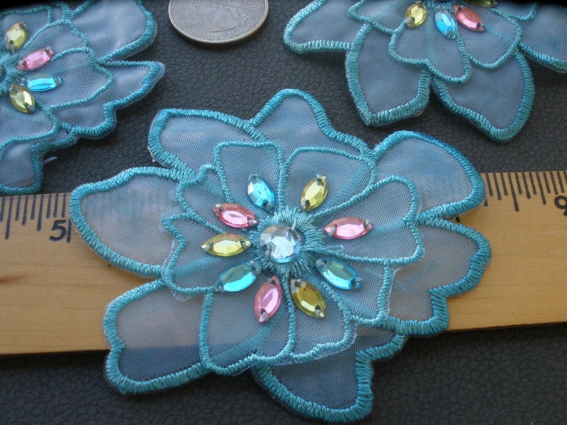 Embroidered & Rhinestone Beaded Turquoise Flower Appliques Etsy