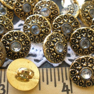 Antique Gold flower rhinestone shank buttons 22L 14MM 9/16" metallic plastic 18 pieces clear to gray centers craft supply wedding embellish