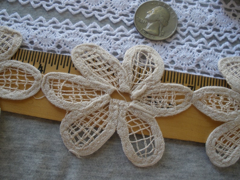 Beige cotton Linen color Flower Daisy chain tape Lace 2.75 wide by 3 applique retro 70mm insert edging embellishment wedding bridal boho image 8