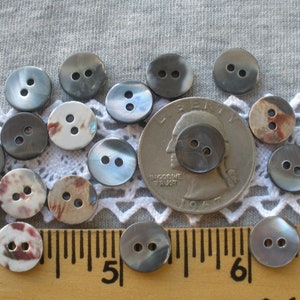 May include: A collection of 17 two-hole buttons in various shades of gray and white with a mother-of-pearl finish. Some buttons have a shell pattern. The buttons are arranged on a gray fabric background with a white lace overlay. A US quarter is included for size reference.